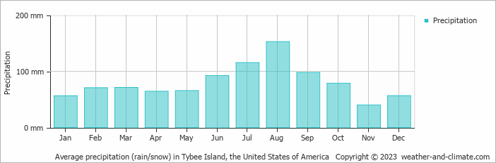 Average monthly rainfall, snow, precipitation in Tybee Island, the United States of America
