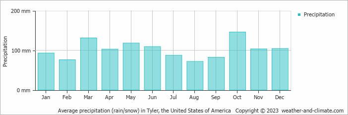 Average monthly rainfall, snow, precipitation in Tyler, the United States of America