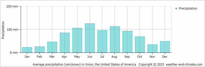 Average monthly rainfall, snow, precipitation in Union, the United States of America
