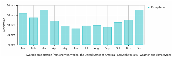Average monthly rainfall, snow, precipitation in Wailea, the United States of America