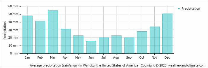 Average monthly rainfall, snow, precipitation in Wailuku, the United States of America