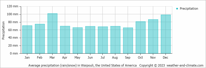 Average monthly rainfall, snow, precipitation in Waipouli, the United States of America