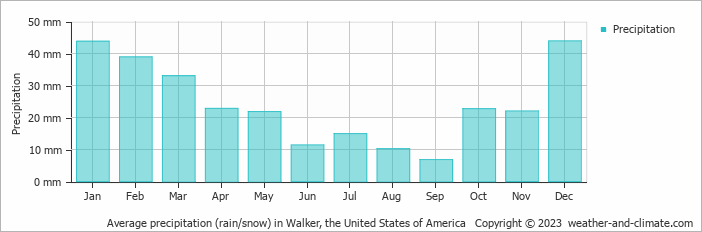Average monthly rainfall, snow, precipitation in Walker, the United States of America