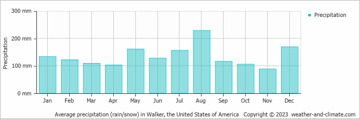 Average monthly rainfall, snow, precipitation in Walker, the United States of America