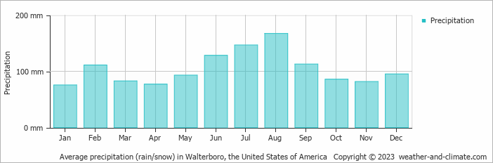 Average monthly rainfall, snow, precipitation in Walterboro, the United States of America