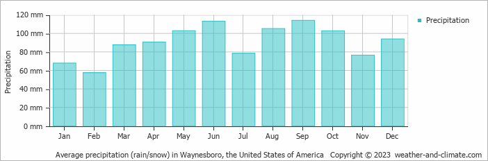 Average monthly rainfall, snow, precipitation in Waynesboro, the United States of America