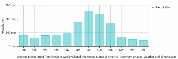Average monthly rainfall, snow, precipitation in Wesley Chapel, the United States of America