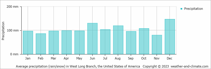Average monthly rainfall, snow, precipitation in West Long Branch, the United States of America