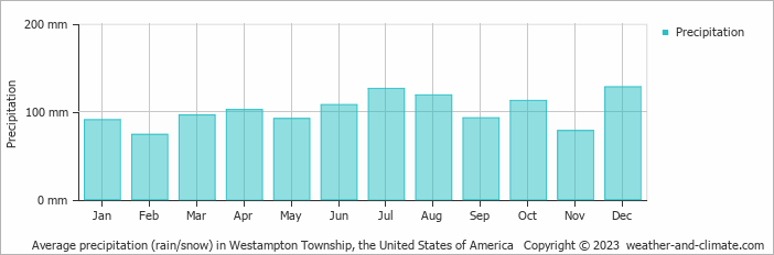 Average monthly rainfall, snow, precipitation in Westampton Township, the United States of America