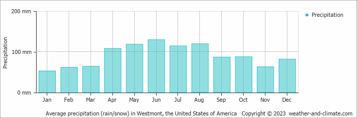 Average monthly rainfall, snow, precipitation in Westmont, the United States of America