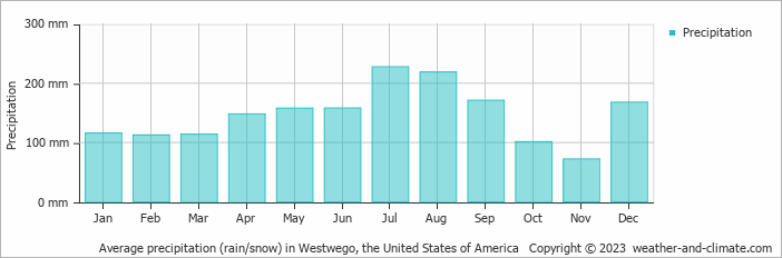 Average monthly rainfall, snow, precipitation in Westwego, the United States of America