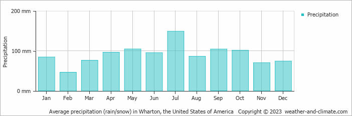 Average monthly rainfall, snow, precipitation in Wharton, the United States of America