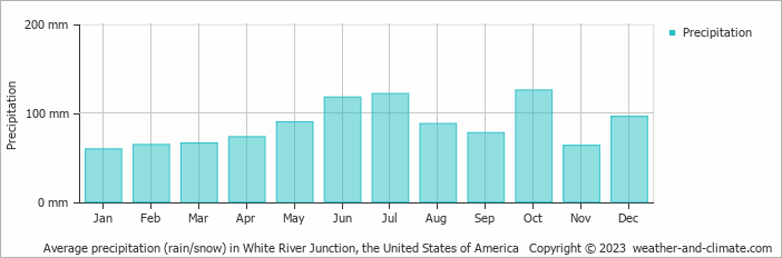 Average monthly rainfall, snow, precipitation in White River Junction, the United States of America