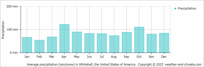 Average monthly rainfall, snow, precipitation in Whitehall, the United States of America