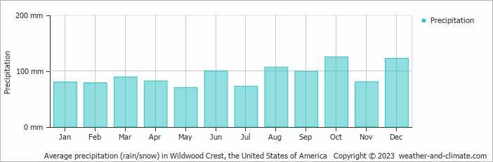 Average monthly rainfall, snow, precipitation in Wildwood Crest, the United States of America