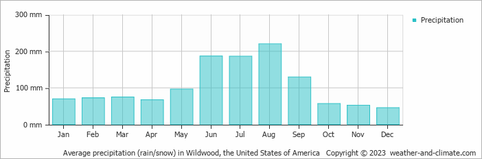 Average monthly rainfall, snow, precipitation in Wildwood, the United States of America