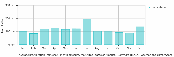 Average monthly rainfall, snow, precipitation in Williamsburg, the United States of America