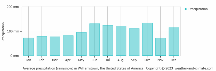Average monthly rainfall, snow, precipitation in Williamstown, the United States of America