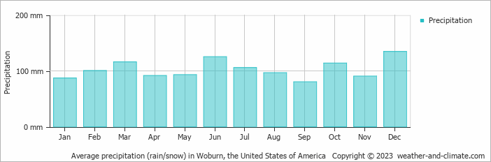 Average monthly rainfall, snow, precipitation in Woburn, the United States of America
