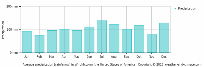 Average monthly rainfall, snow, precipitation in Wrightstown, the United States of America