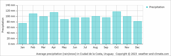 Average monthly rainfall, snow, precipitation in Ciudad de la Costa, 