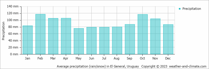 Average monthly rainfall, snow, precipitation in El General, 