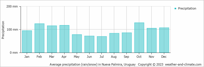 Average monthly rainfall, snow, precipitation in Nueva Palmira, Uruguay