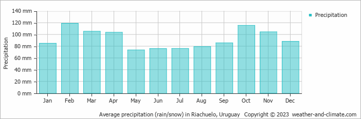 Average monthly rainfall, snow, precipitation in Riachuelo, Uruguay