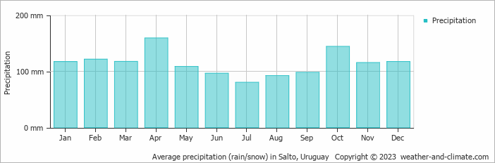 Average monthly rainfall, snow, precipitation in Salto, 