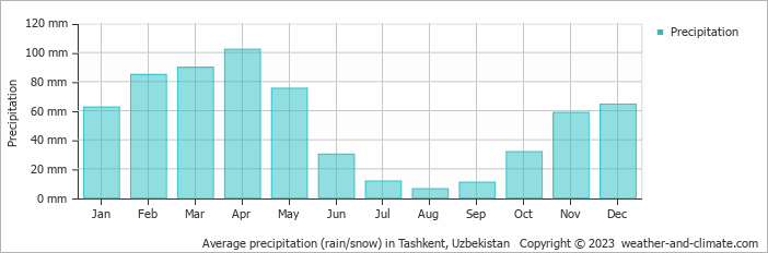 Average precipitation (rain/snow) in Tashkent, Uzbekistan   Copyright © 2022  weather-and-climate.com  