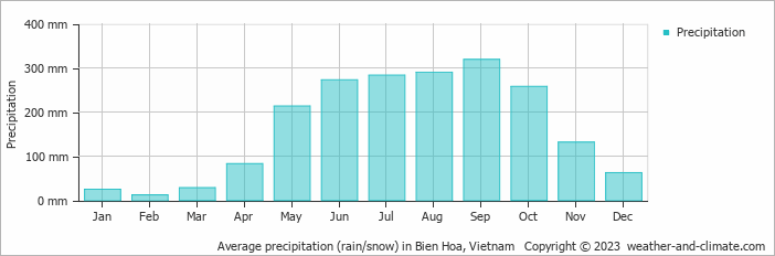 Average monthly rainfall, snow, precipitation in Bien Hoa, 