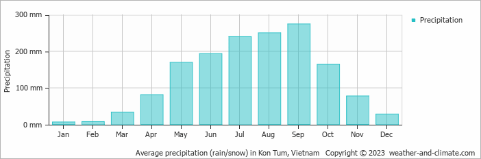 Average monthly rainfall, snow, precipitation in Kon Tum, Vietnam