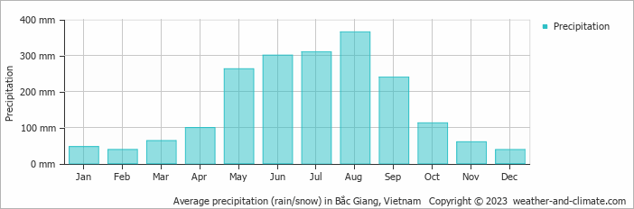 Average monthly rainfall, snow, precipitation in Bắc Giang, Vietnam