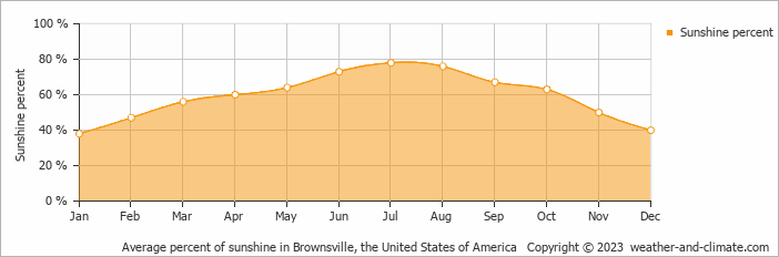 Average monthly percentage of sunshine in Raymondville, the United States of America